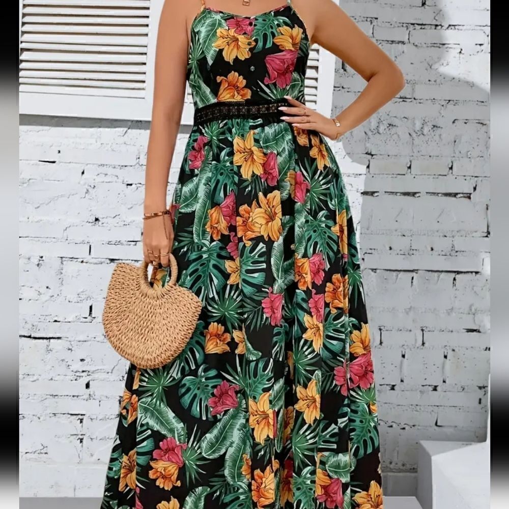 Ladies Maxi Dress Spaghetti Strap Hawaiian Tropical Side SlitโGreen FloralโOXL